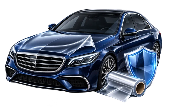 Car protected with paint protection film and shield