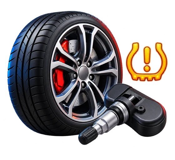 TPMS tyre pressure sensor, wheel and warning symbol